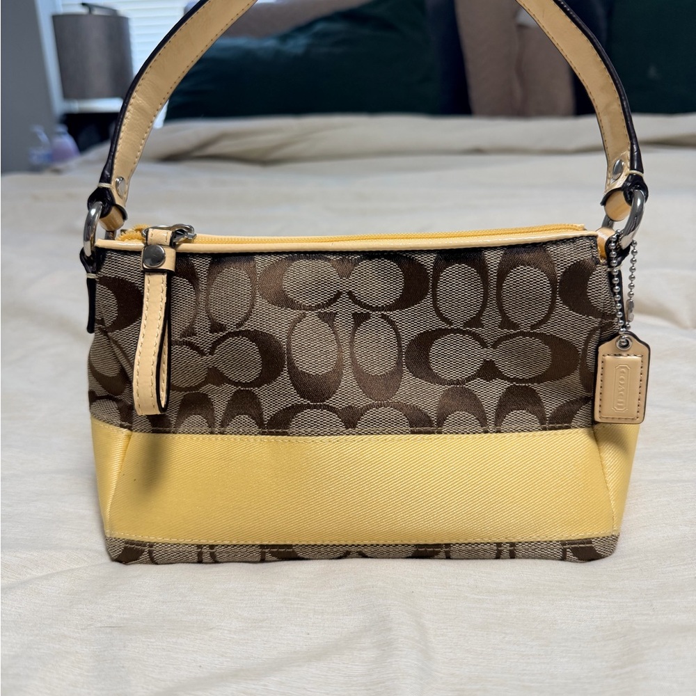 Coach Brown Signature Canvas Shoulder Bag with Yellow Trim